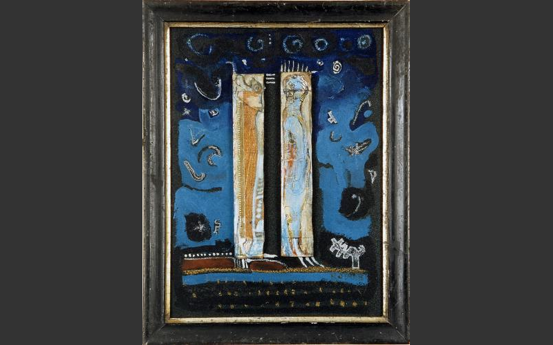 In der Nacht (1995)<br> Teile von Zigarrenkiste, alter Rahmen,Acryl, 24,5 X 19 cm - Assemblagen