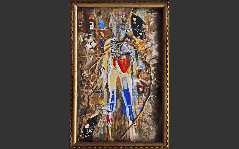 Der Mann mit dem Erdbeerherzen (1995)<br> Laserkopie einer Collage, Pflanzenteile, alter Rahmen, Acryl, 30 x 20 cm - Assemblagen