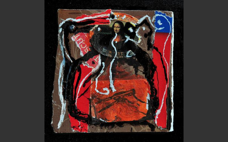 Komposition mit Rot #19 (2014)<br>Verpackungsmaterial, Tusche,4,5 X 4,5 cm - Papiercollagen