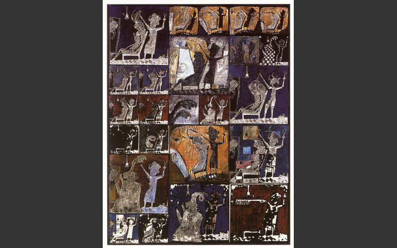 Der Traum des Coiffeurs (1994)<br>Copy Art Collage, Farbkreideauf Papier,54 X 41 cm - Papiercollagen