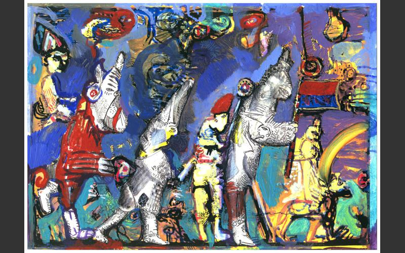 Umzug mit weißem Hasen in blau (1992)<br>Copy Art Collage, Tusche auf Papier,21 x 29 cm - Papiercollagen