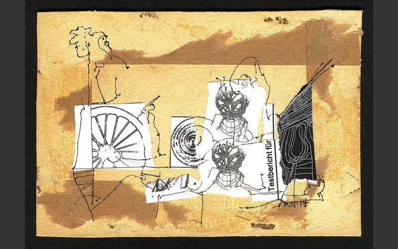 Nach der Erfindung des Rades #15 (2014)<br>Papier, Tusche auf Pappe,10,5 X 15 cm - Papiercollagen