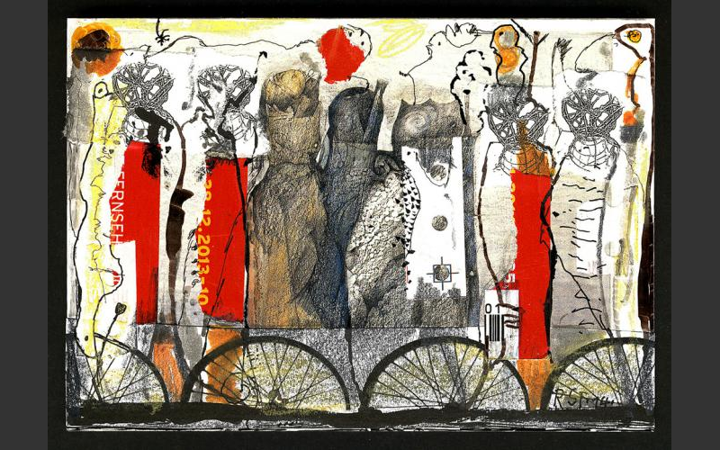 Radfahrer (2014)<br>Papier und Tusche auf Kunstpostkarte,14,8 X 10,3 cm - Papiercollagen