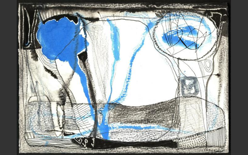 #15 aus der Serie Blau-Schwarz-Weiß (1998)<br>Wachskreide, Tusche, Pastell, Aquarell auf Karton, 15,5 X 21,5 cm - Farbige Blätter