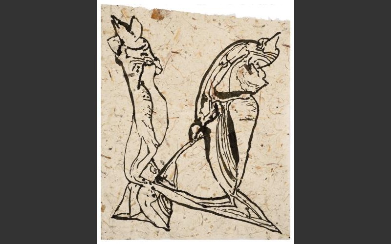 Komische Vögel (2012)<br>Tusche auf Bananenpapier, 51X43,5 cm, - Zeichnungen