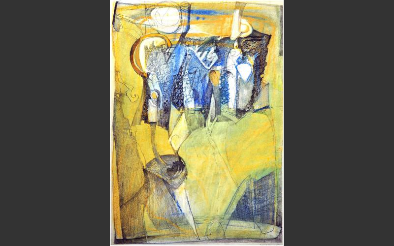 Gruppe in Blau (1997)<br />Pastell, Farbstifte auf Papier, 60 X 42 cm - Farbige Blätter