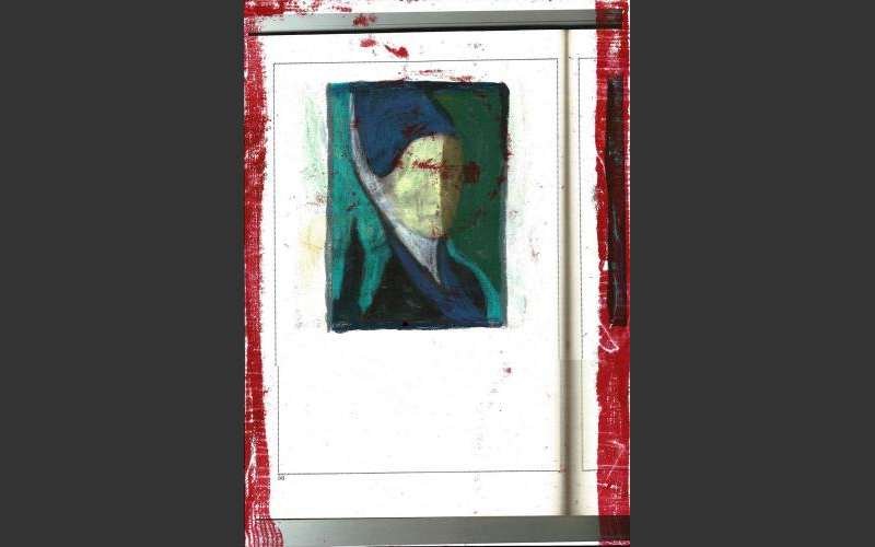 Porträt ohne Gesicht (1995/2014)<br>Monotypie über Inkjetprint einer übermalten Buchseite, 29,7 x 21 cm - Übermalungen
