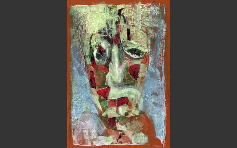 Kopf 1 (1994)<br>Farbstifte über Fotokopie einer Collage, 42 X 29,7 cm - Übermalungen