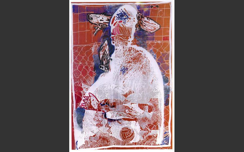 Mann mit Fliegen (1994)<br>Farbstifte über Fotokopie einer Collage, 42 X 29,7 cm - Übermalungen