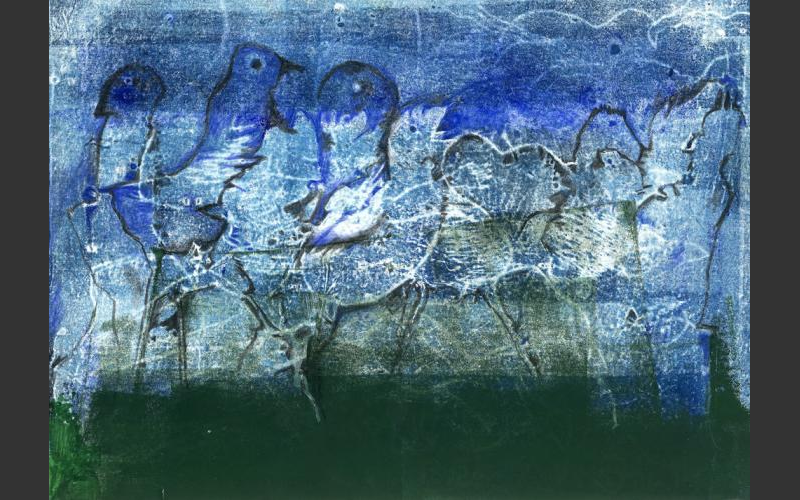 Vogellandschaft (2015)<br>Monotypie, Farbstifte auf Papier 21 X 29,7 cm - Ein Sommernachtstraum