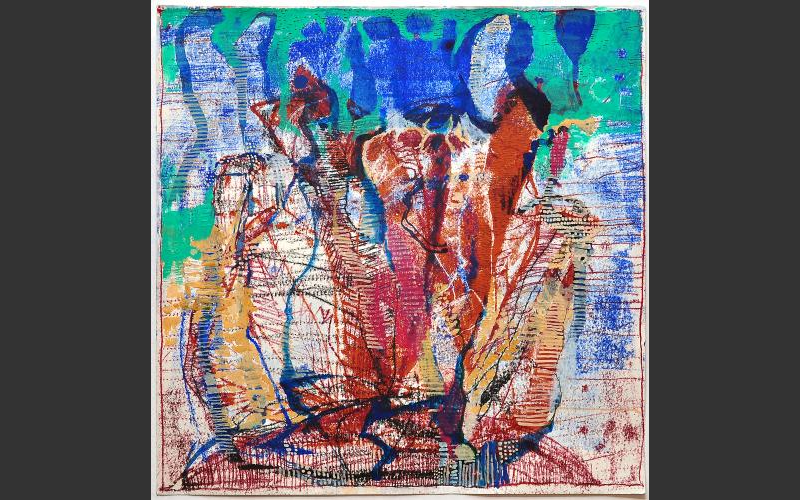 Am Fluss (2015)<br>Monotypie, Farbstifte, Gouache  auf Papier	40 X 40 cm - Ein Sommernachtstraum