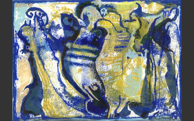 Prähistorisches Fresko (2015)<br>Monotypie, Farbstifte, Gouache  auf Papier 21 X 29,7 cm - Ein Sommernachtstraum
