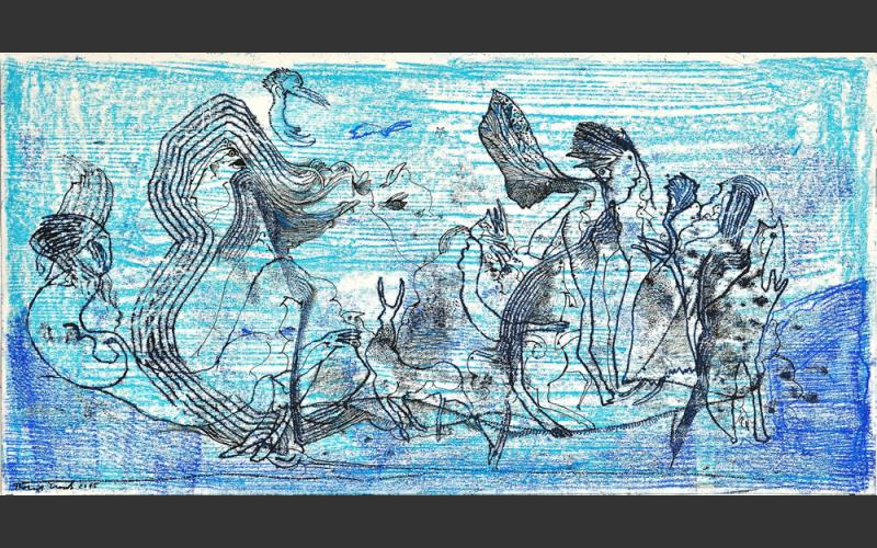 Sommertraum	(2015)<br>Monotypie, Tusche, Farbkreide auf Papier 30 X 59 cm - Ein Sommernachtstraum