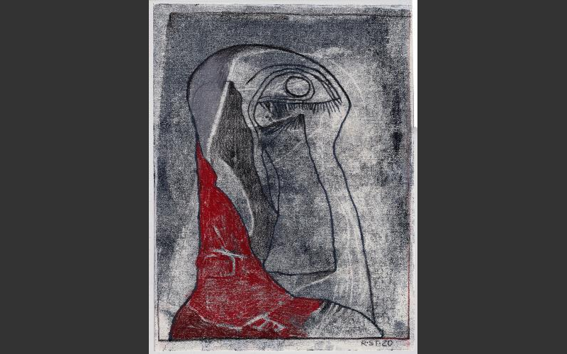 „Der rote Kragen“ 2020 Farbstift, Wachskreide über Monotypie auf Ingres-Papier 31,5x23,8cm - Winterblätter 2020